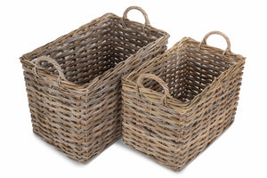 Rectangular Grey Rattan Hallway Log Basket Set 2