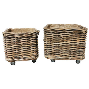 Set of 2 Square Log Baskets with Wheels & Removable Hessian Liner