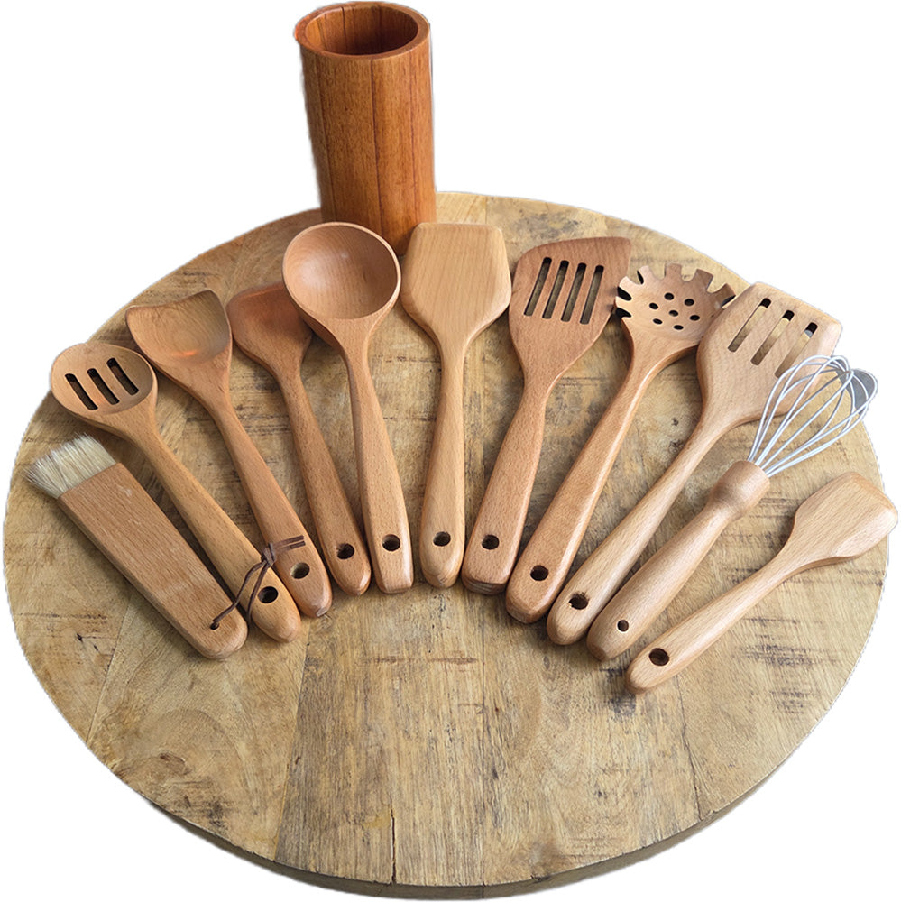 Premium Wooden Kitchen Utensil Set – 11 Piece with Holder
