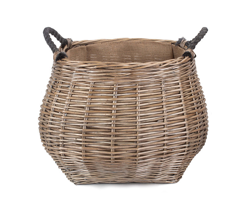 Curve-sided Antique Wash Hessian Lined Log Basket